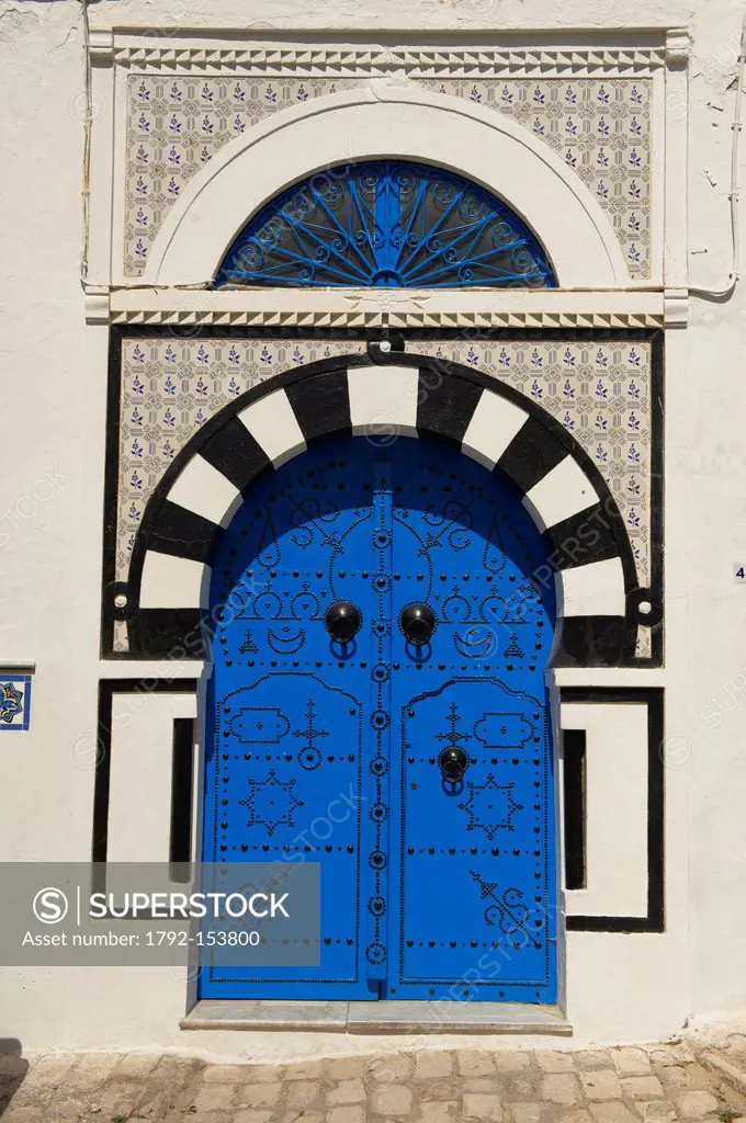 Tunisia, Sidi Bou Sad, view of white house´s village, typical door