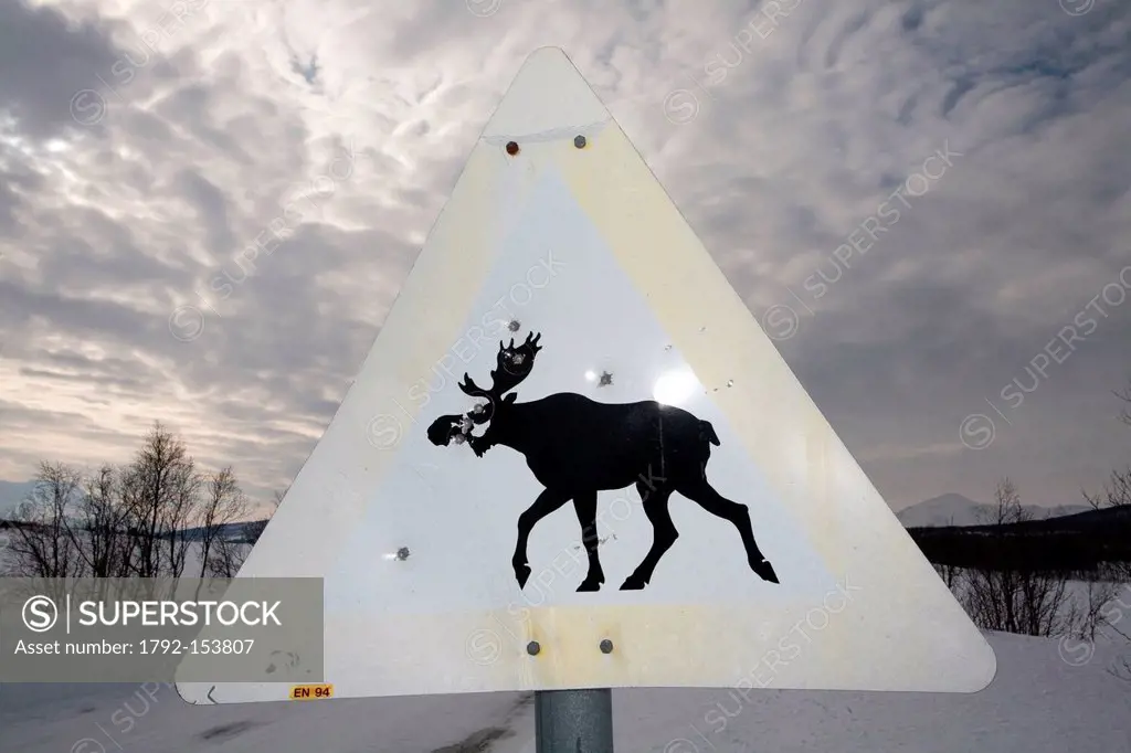 Norway, Troms County, Lyngen Alps, roadsign to indicate the presence of moses