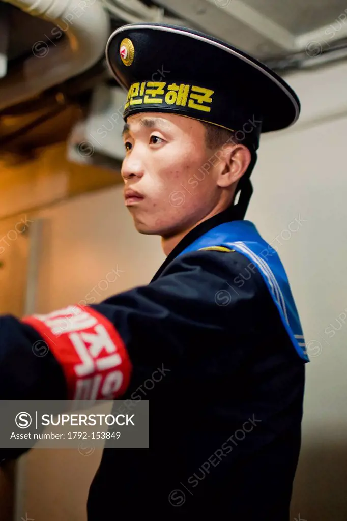 North Korea, Pyongyang, marine soldier onboard the USS Pueblo exhibition, an American ship which was boarded and captured by the Democratic People´s R...