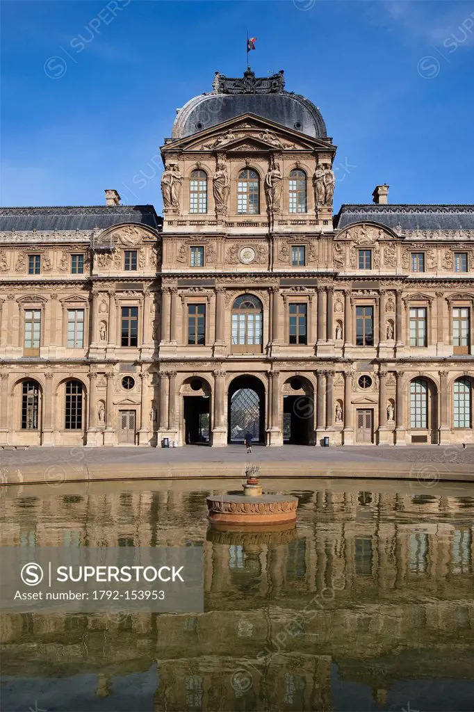 France, Paris, the Bell Tower and the basin of the Cour Carree of the Louvre Museum