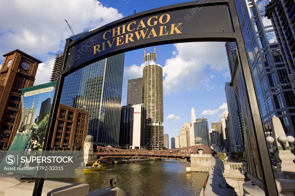 Low angle view of a signboard at the riverbank, Chicago Riverwalk, Chicago River, Chicago, Illinois, USA