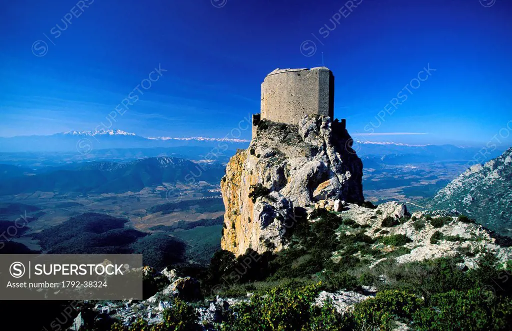 France, Aude, Queribus Cathar castle, in front of Maury plain and Pyrenees Corbieres area