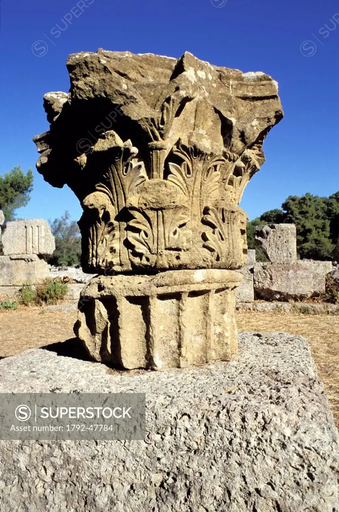 Greece, Peloponnese, pillar in the archaeological site of Olympia, listed as World Heritage by UNESCO