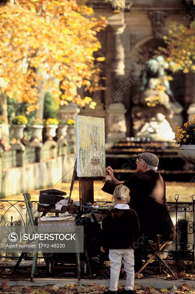 France, Paris, Jardin du Luxembourg, painter in front of Medicis fountain