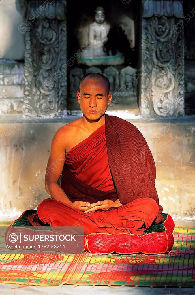 Myanmar Burma, monk Zara in his daily meditation in his little mountain monastery