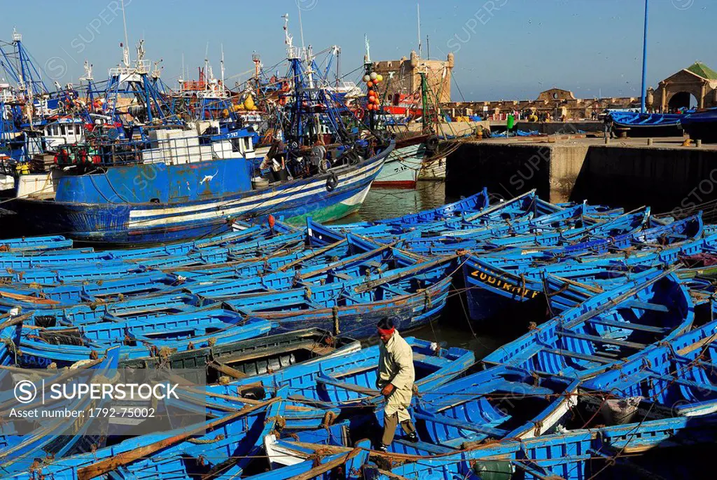 Morocco, Essaouira, small boats in fishing harbour