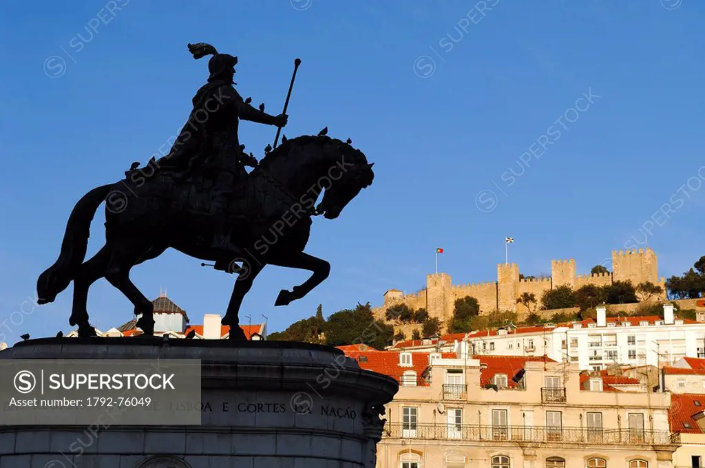 Portugal, Lisbon, Sao Jorge castle view from Figueira square and equestrian statue of King Jose I