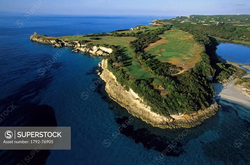 France, Corse du Sud, Bonifacio, Pointe de Sperone, Golf course aerial view