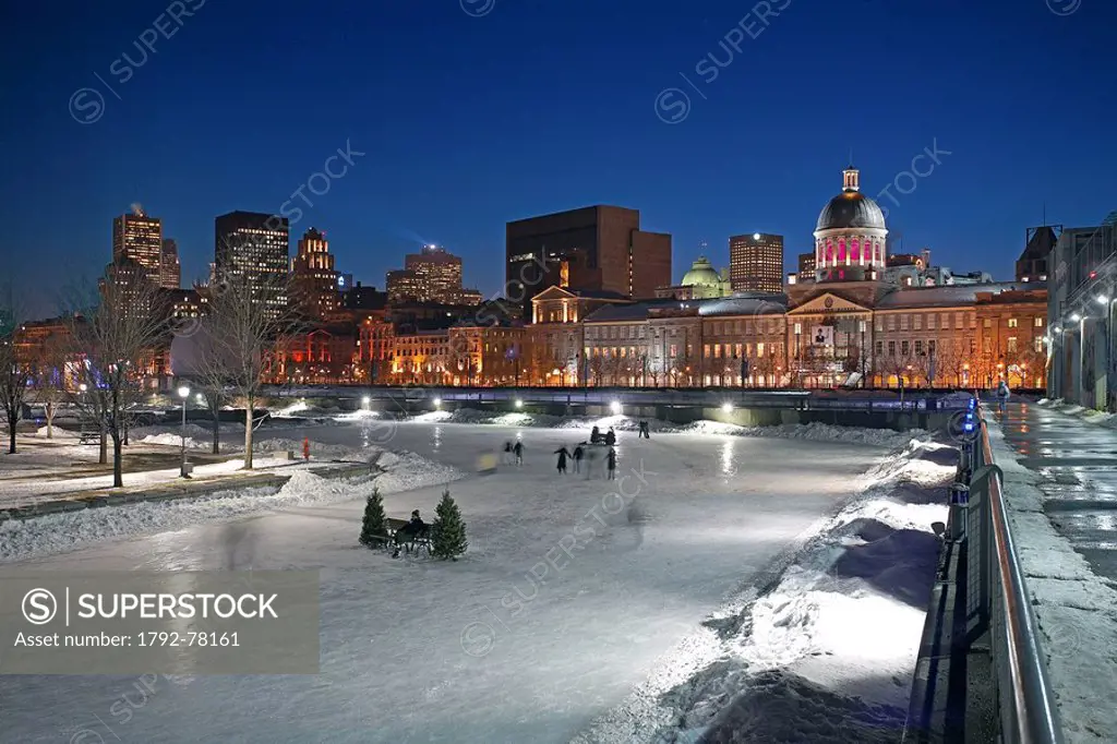 Canada, Quebec Province, Montreal, Vieux Montreal Old Montreal District, ice rink in Vieux Port old harbour