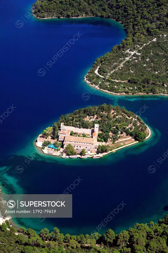 Croatia, Dalmatia, Dalmatian coast, Mljet National Park, SV Marija monastery aerial view