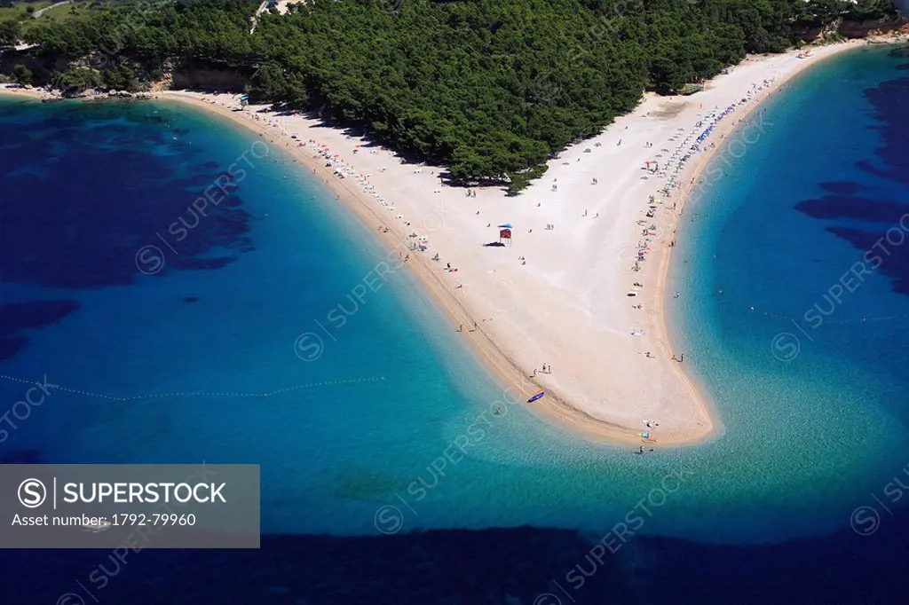 Croatia, Dalmatia, Dalmatian coast, Brac Island, Bol village, Zlatni Rat beach aerial view
