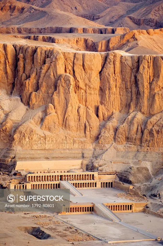 Egypt, Nile Valley, Western bank, Thebes Necropolis, Hatshepsut Temple in Deir el Bahri aerial view