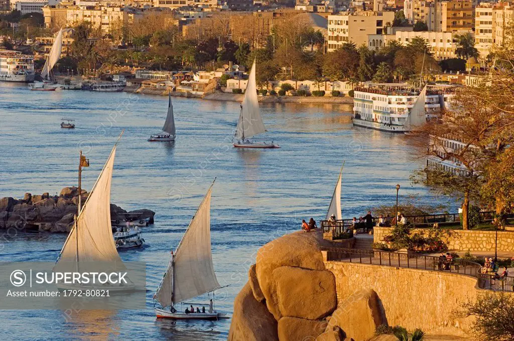 Egypt, Upper Egypt, Aswan, feluccas on Nile River