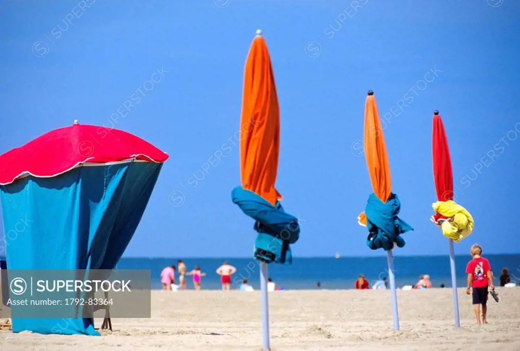 France, Calvados, Pays d´Auge, Deauville, Tents and beach umbrellas