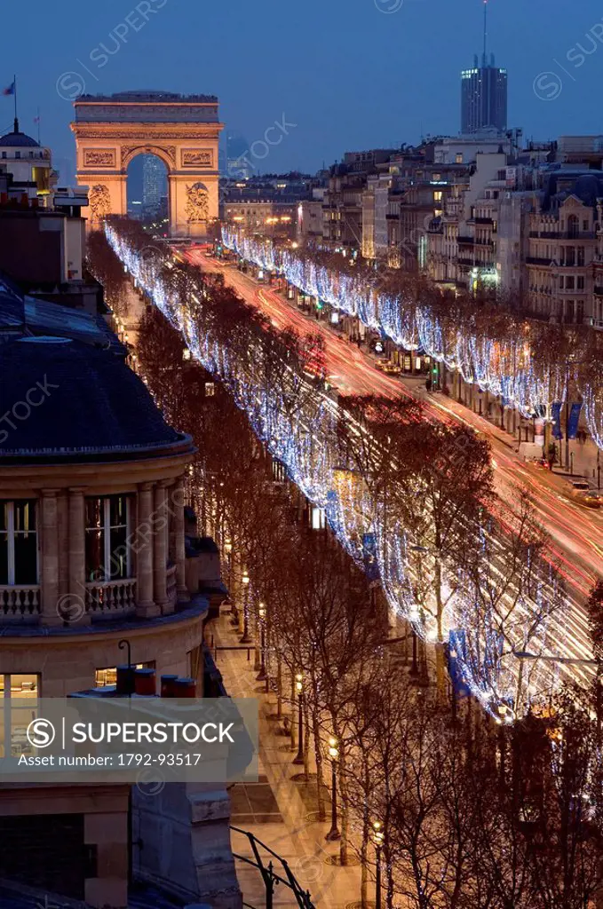 France, Paris, Champs Elysees Avenue and the Arch of Triumph illuminated for Christmas
