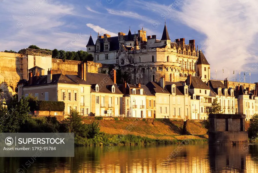 France, Indre et Loire, Amboise, Loire Valley listed as World Heritage by UNESCO, Chateau d´Amboise and the lower town reflecting on the Loire river