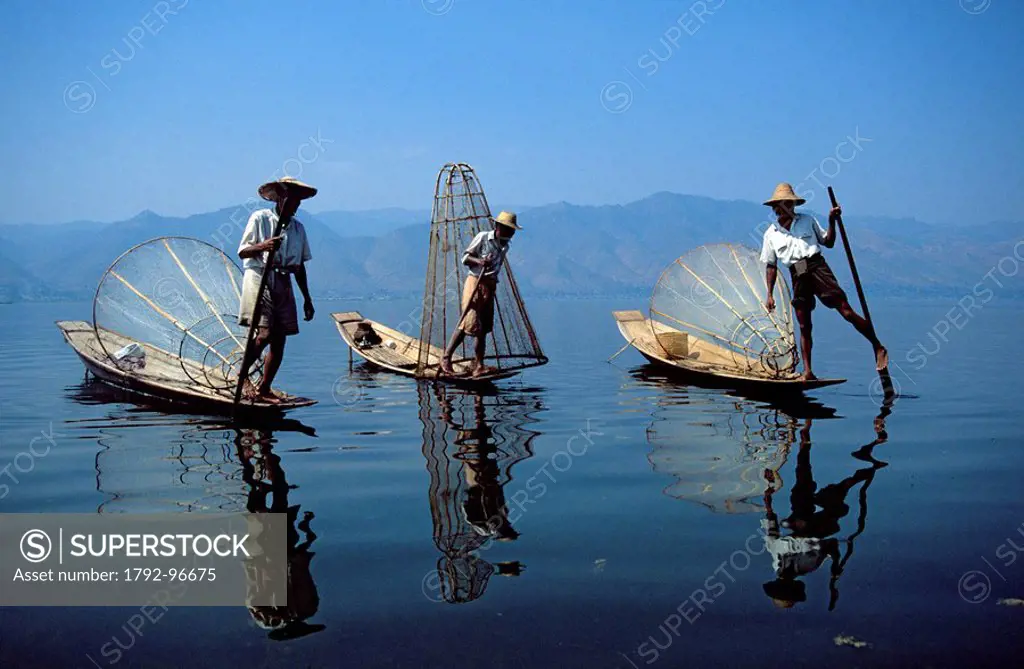 Myanmar Burma, Shan State, fishermen on Inle Lake