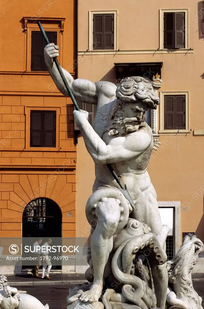 Italy, Lazio, Rome, Piazza Navona, Fontana del Nettuno Neptun Fountain by Bernini