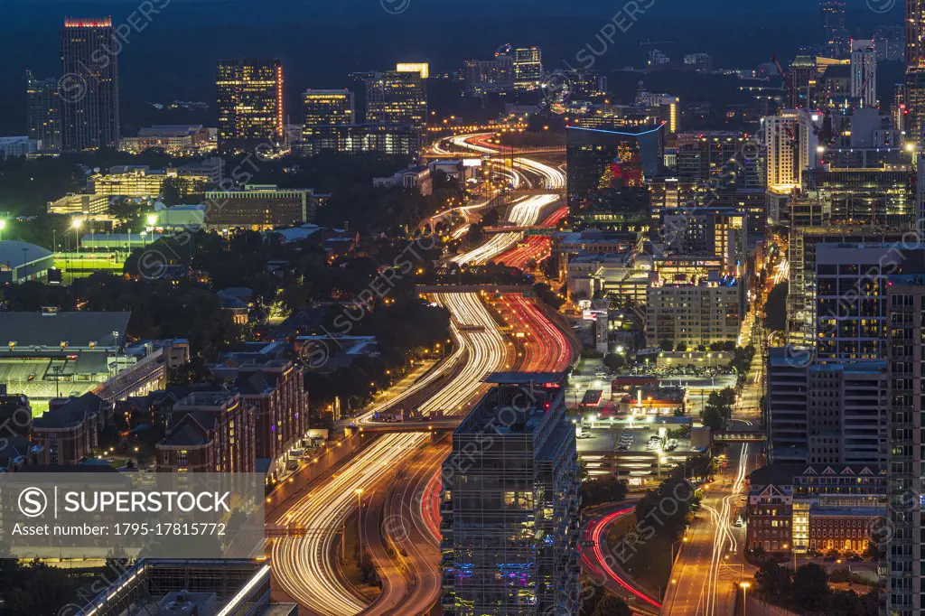 USA, Georgia, Atlanta, Downtown traffic at dusk