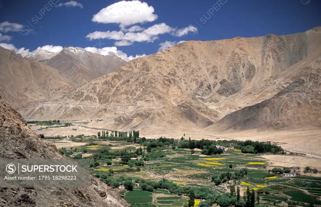 India, Ladakh, Leh District, Nubra Valley, Mountain landscape in Himalayas seen from Buddhist Lamayuru Monastery in valley