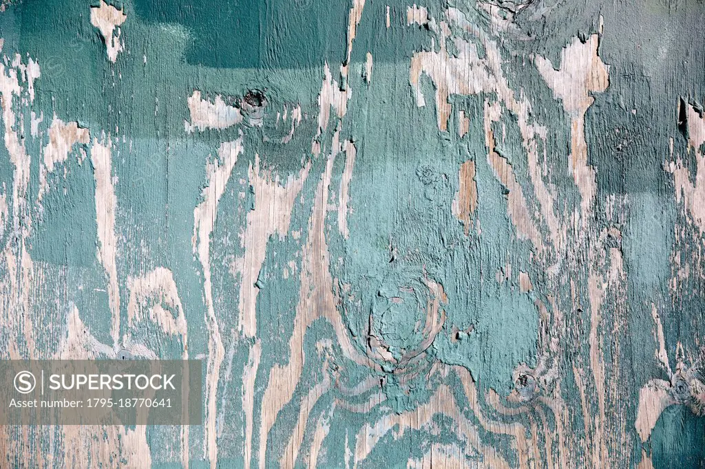 Close-up of peeling turquoise wood