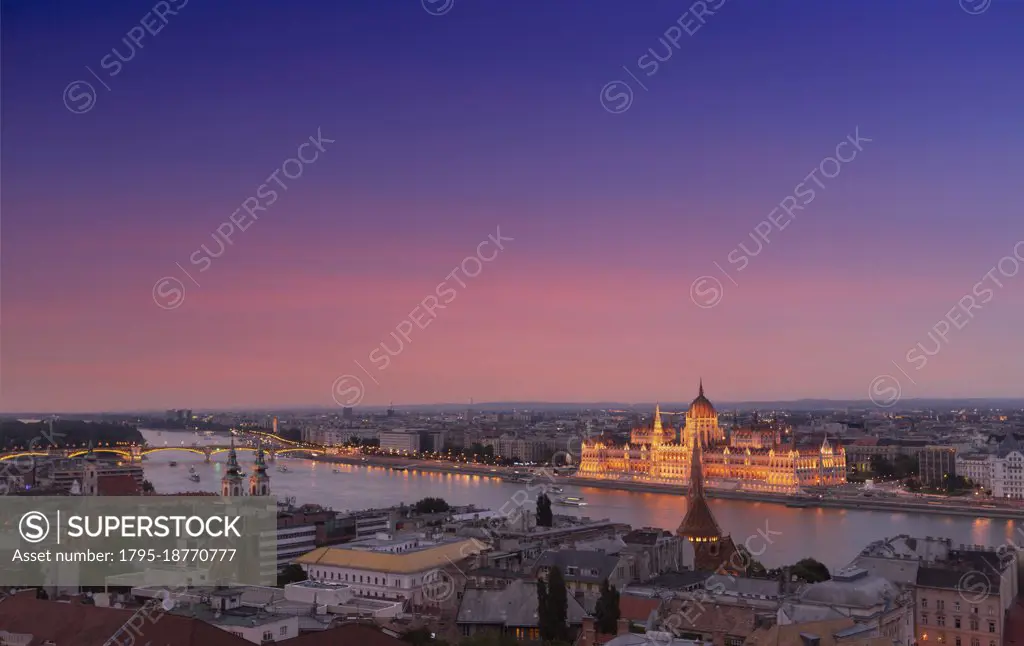 Hungary, Budapest, Cityscape with Hungarian Parliament at sunset