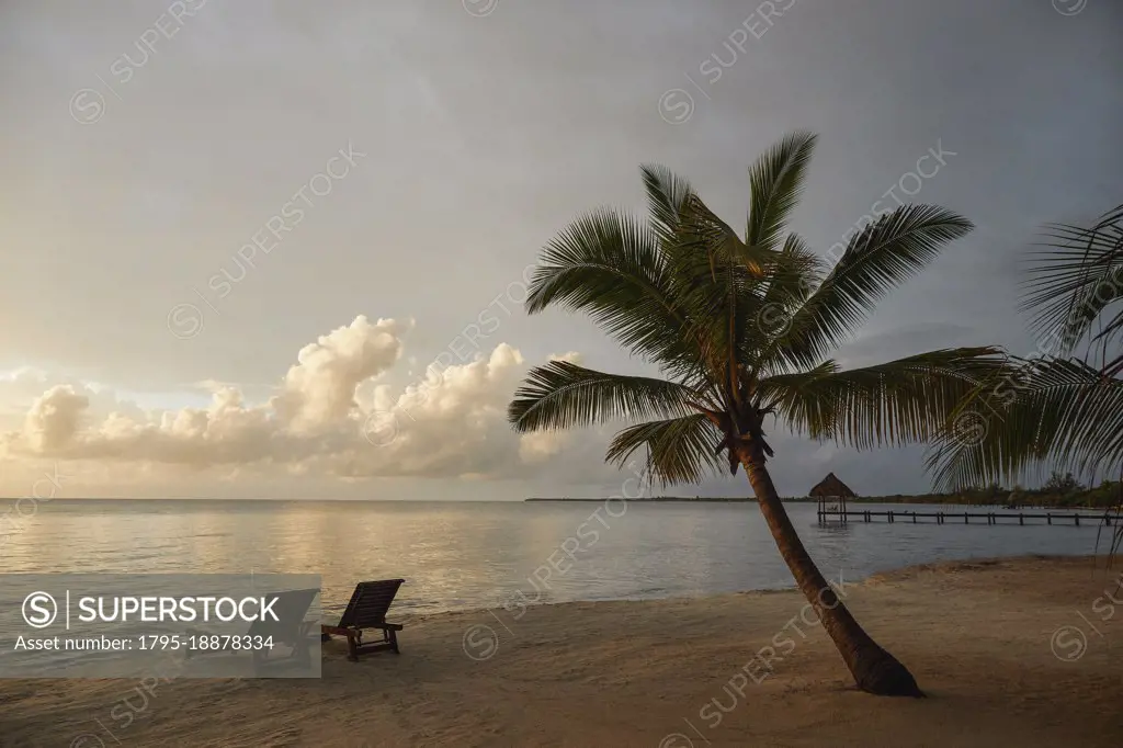 Belize, Placencia, Lounge chairs on tropical beach at sunset