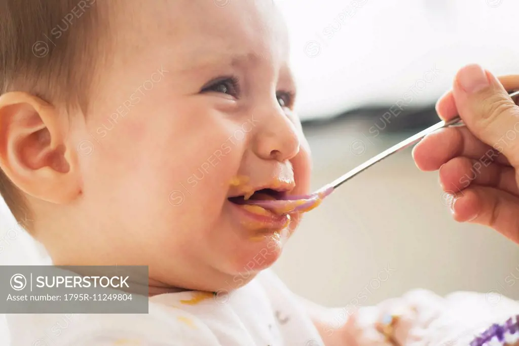 Close-up of baby girl (12-17 months) being spoon fed