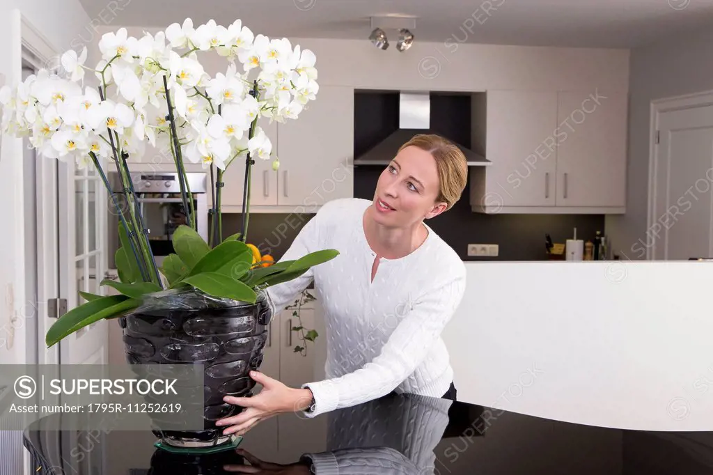 Woman putting orchid on table