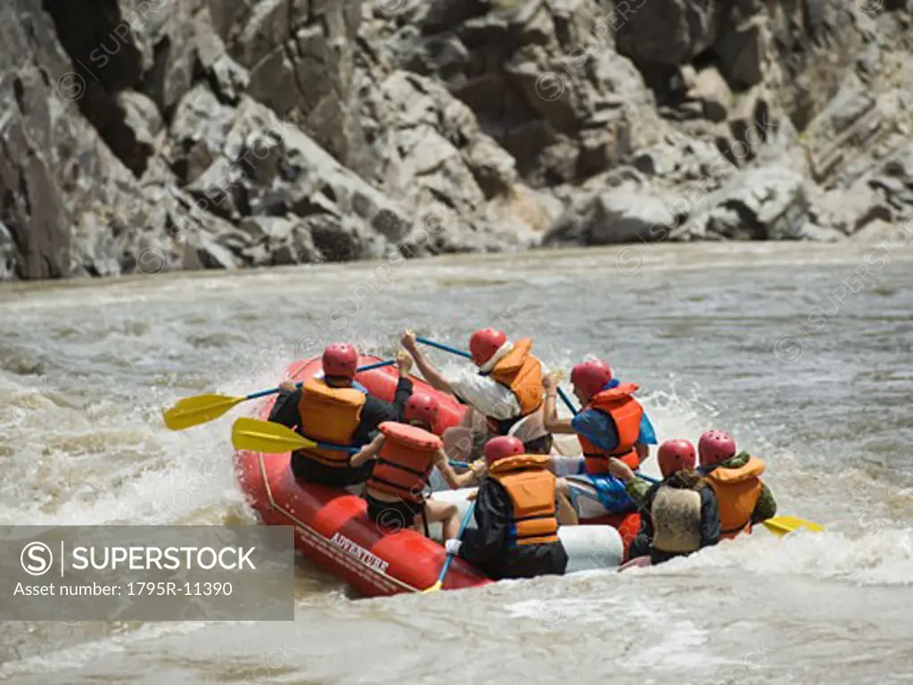 Group of people river rafting