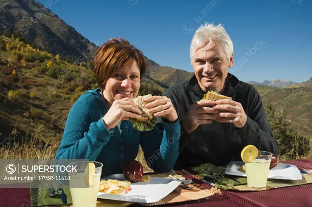 Senior couple eating outdoors, Utah, United States