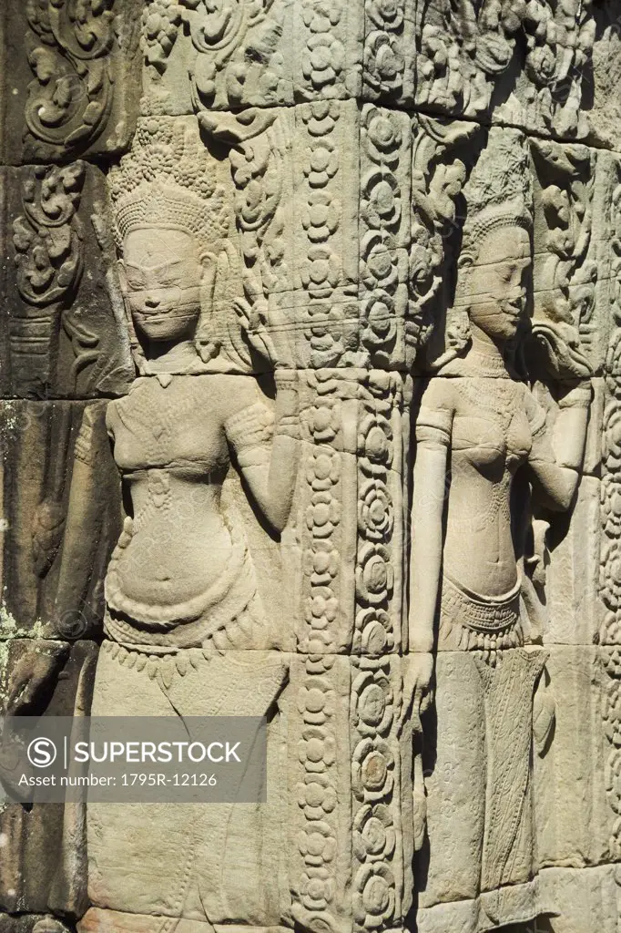 Carvings at ancient temple Angkor Wat Cambodia Khmer