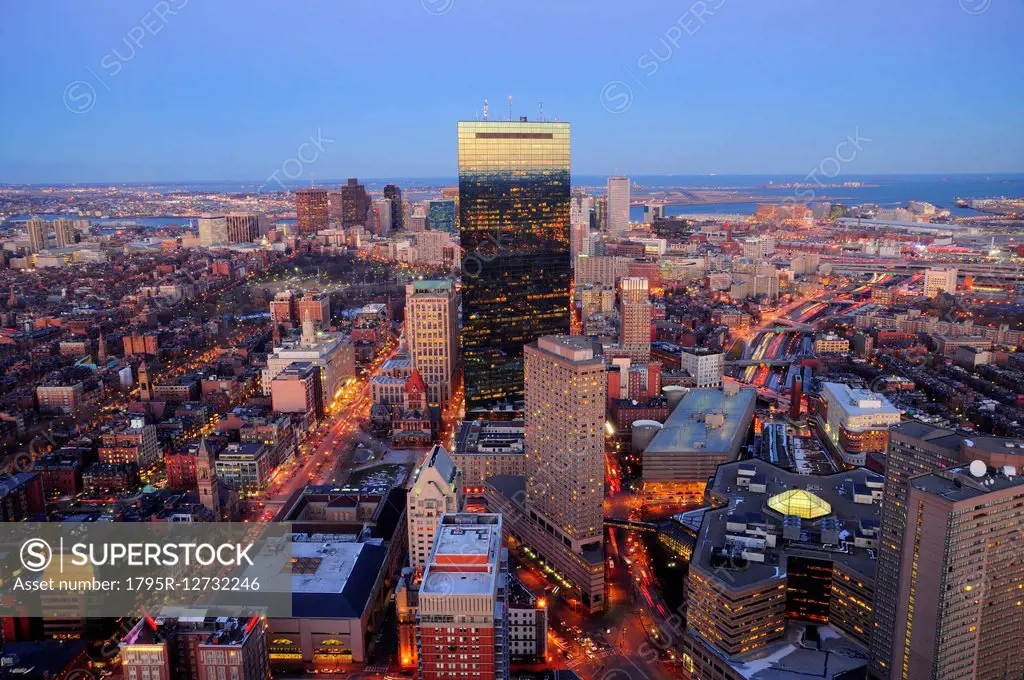 Elevated view of Boston skyline at dusk