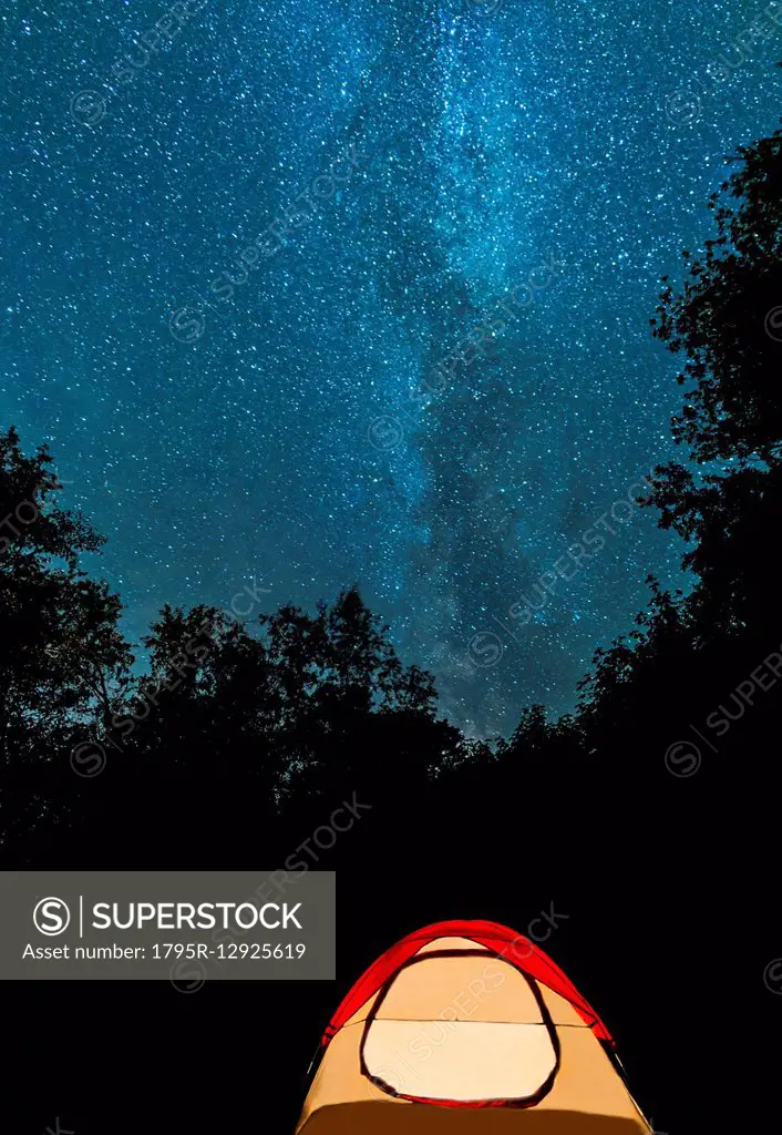 Tent in forest against stars on night sky