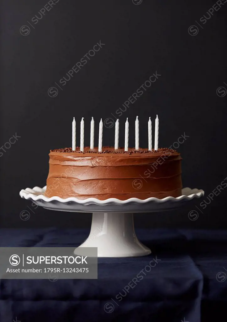 Studio shot of chocolate birthday cake