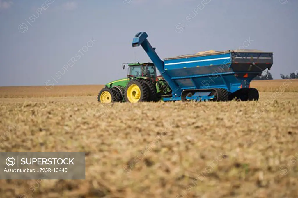 Tractor hauling grain in field