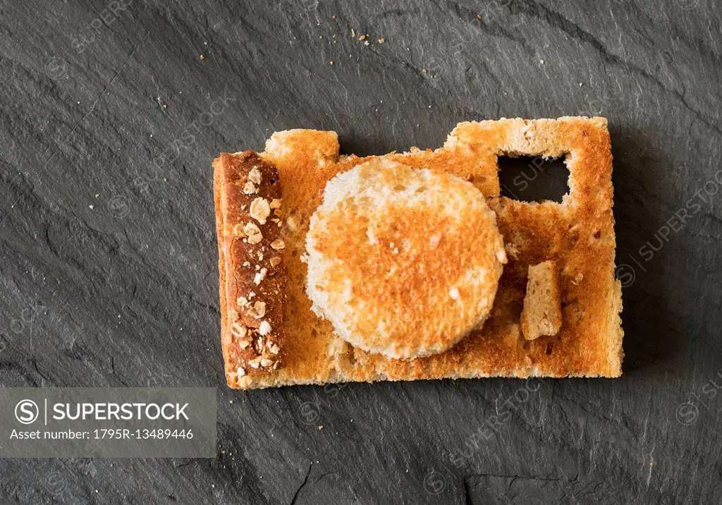 Camera shaped toast bread on table