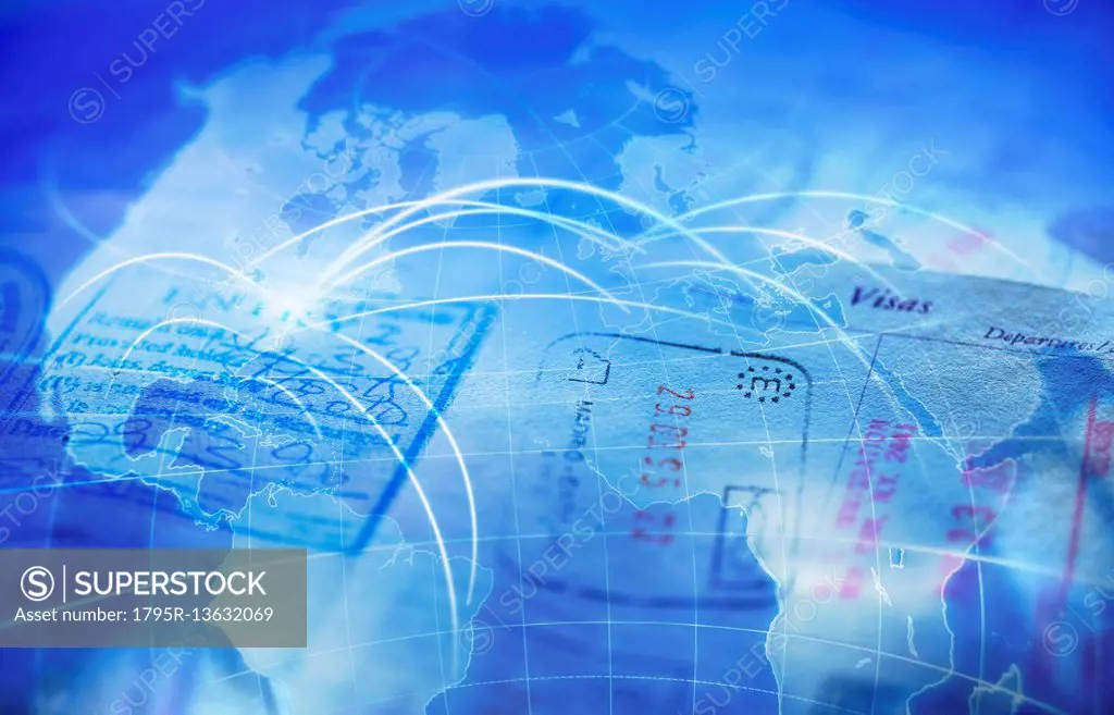 Composite image of passport and map with glowing rays