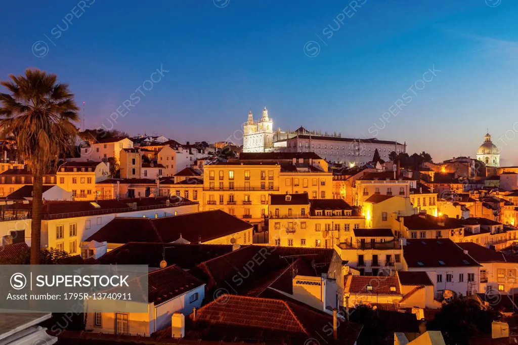 Portugal, Lisbon, Panorama of Lisbon Old Town at sunrise