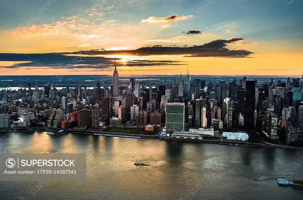 USA, New York, New York City, City at sunset