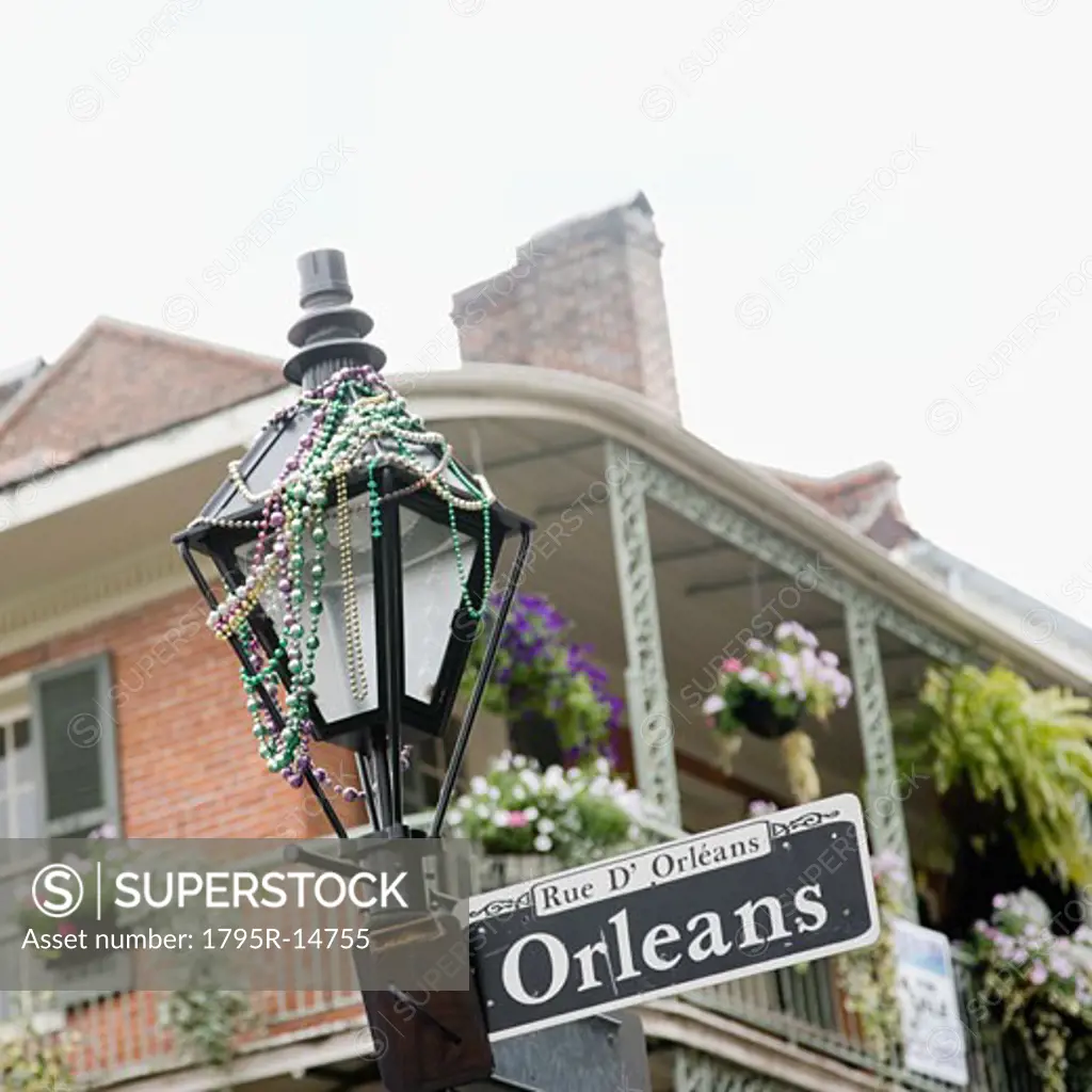Street lamp and beads, French Quarter, New Orleans, Louisiana, United States