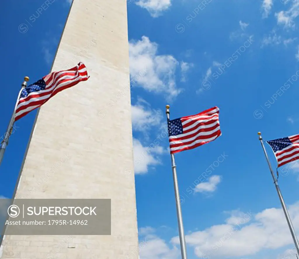 Low angle view of American flags, Washington DC, United States