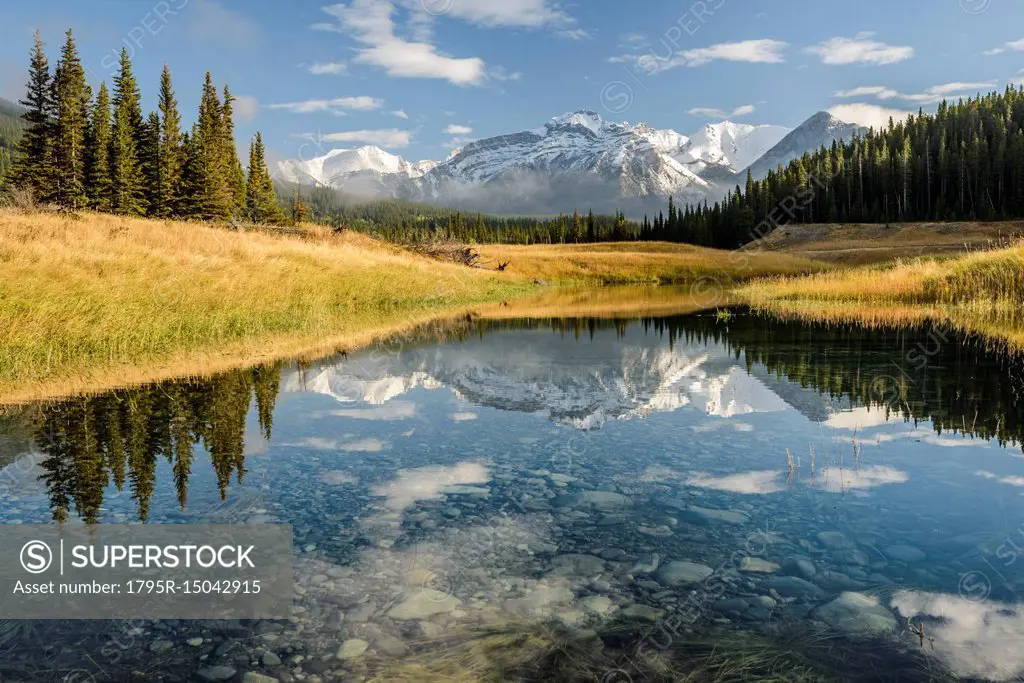 Canada, Alberta, Banff, Mountain peak reflecting in lake