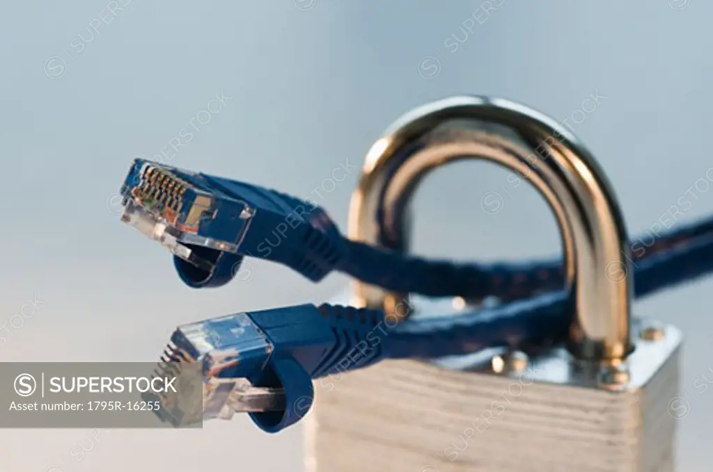 Close-up of lock and ethernet cables