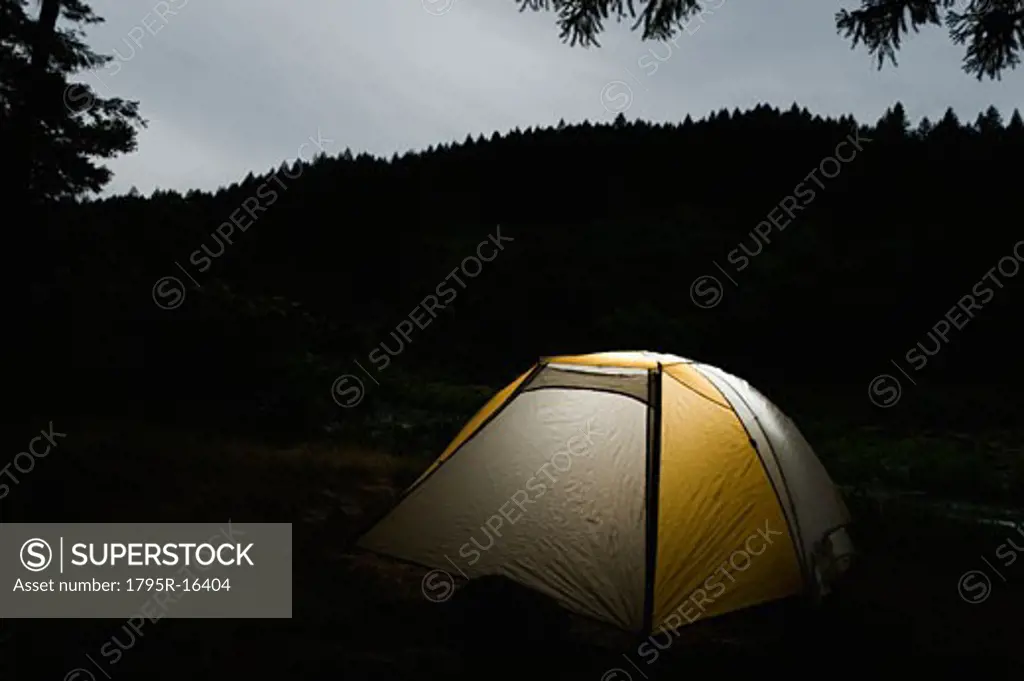 Tent illuminated at night