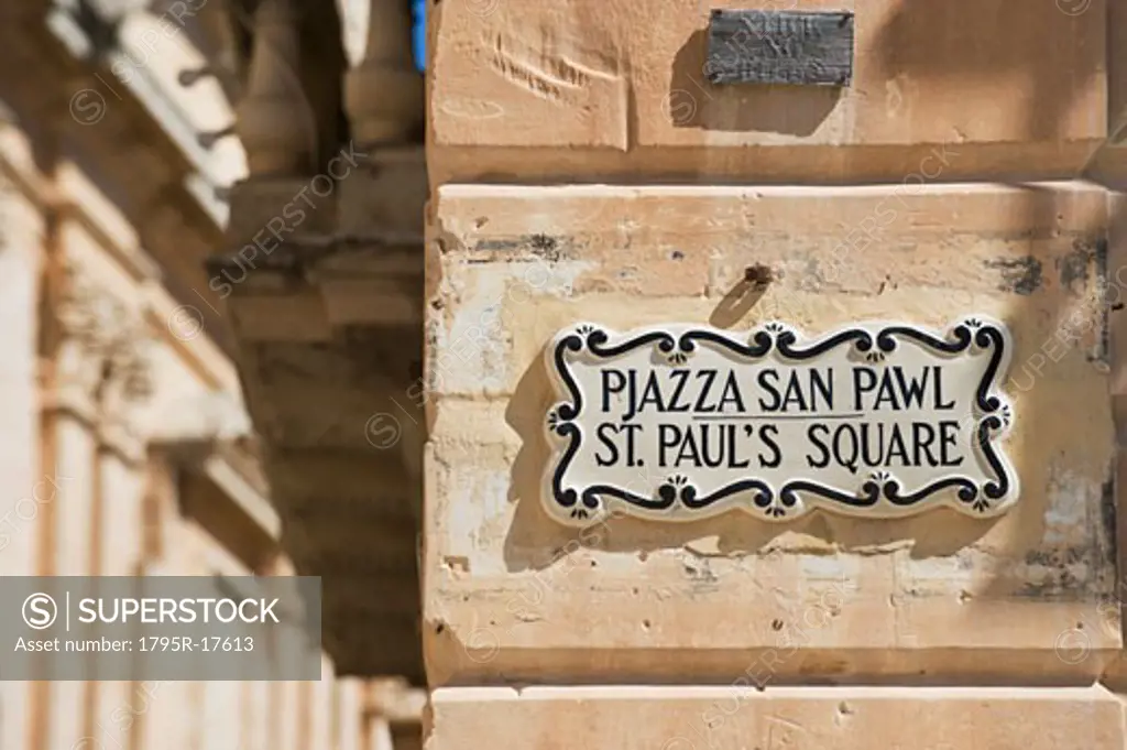 Close-up of St. Paul's Square street sign, Mdina, Malta