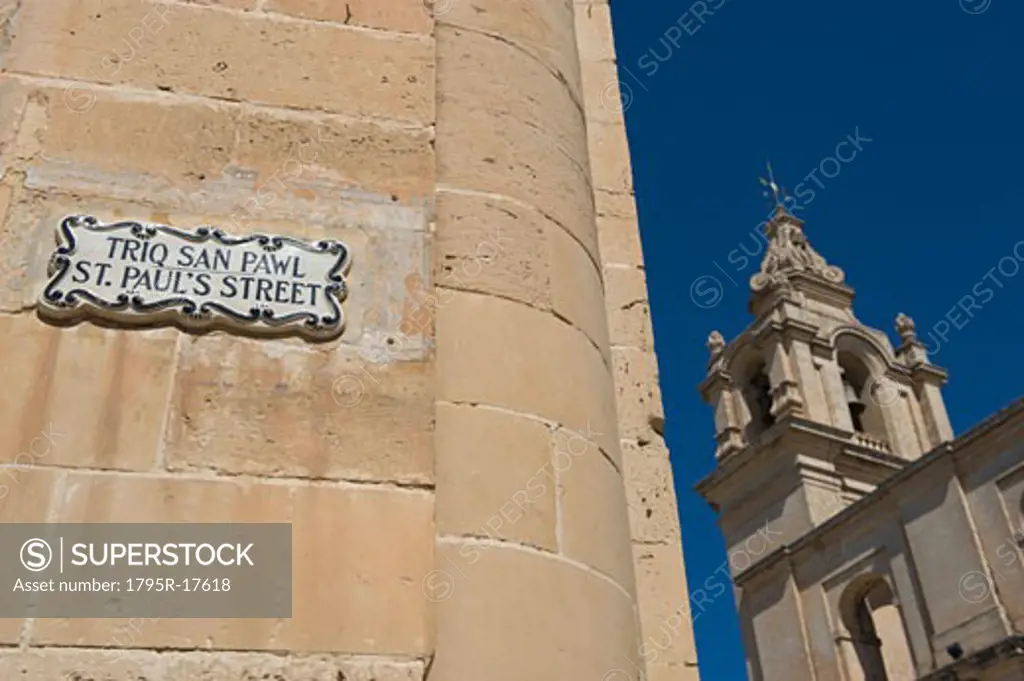 St. Paul's Street sign and Mdina Cathedral, Malta