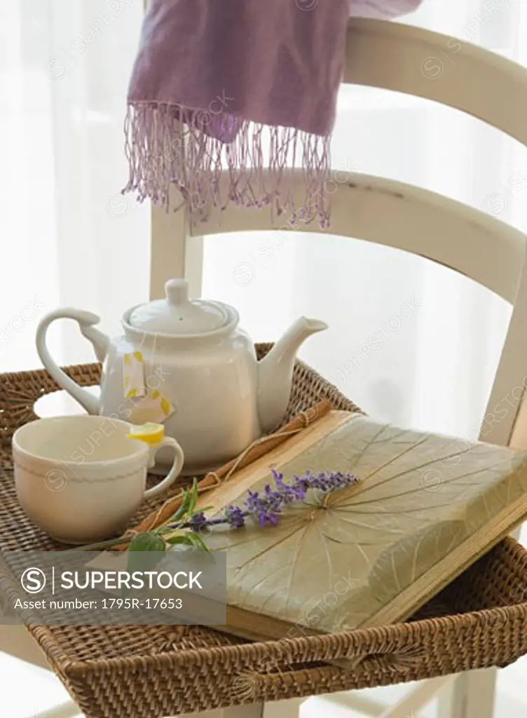 Tray with tea, lavender, and journal