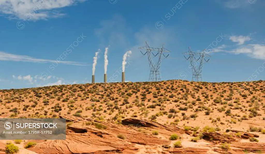 Power plant in distance on Navajo reservation in Arizona