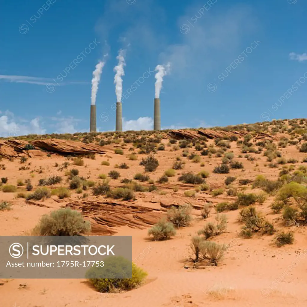 Smokestacks of power plant on Navajo reservation in Arizona